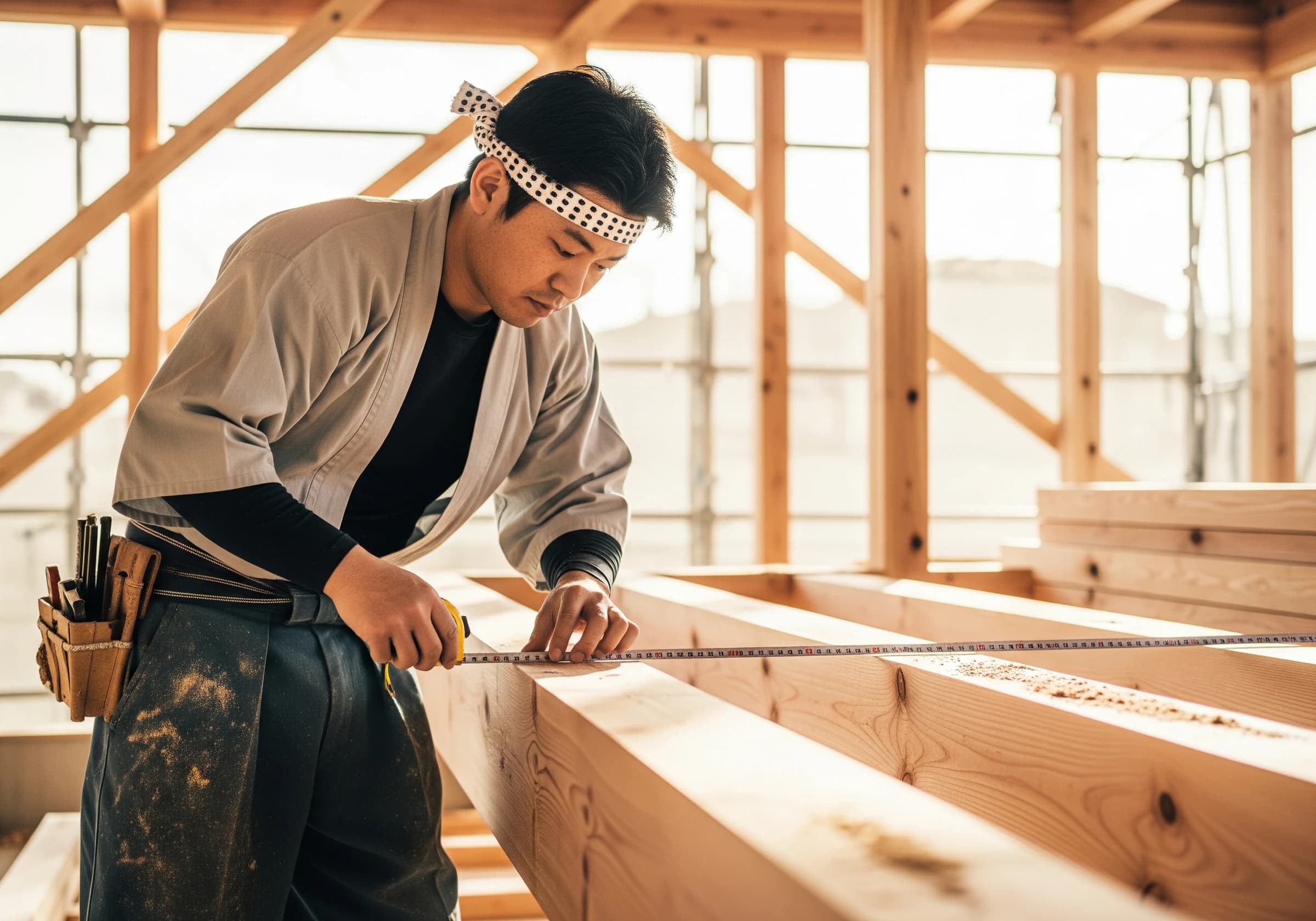 新築現場で丁寧に作業する職人